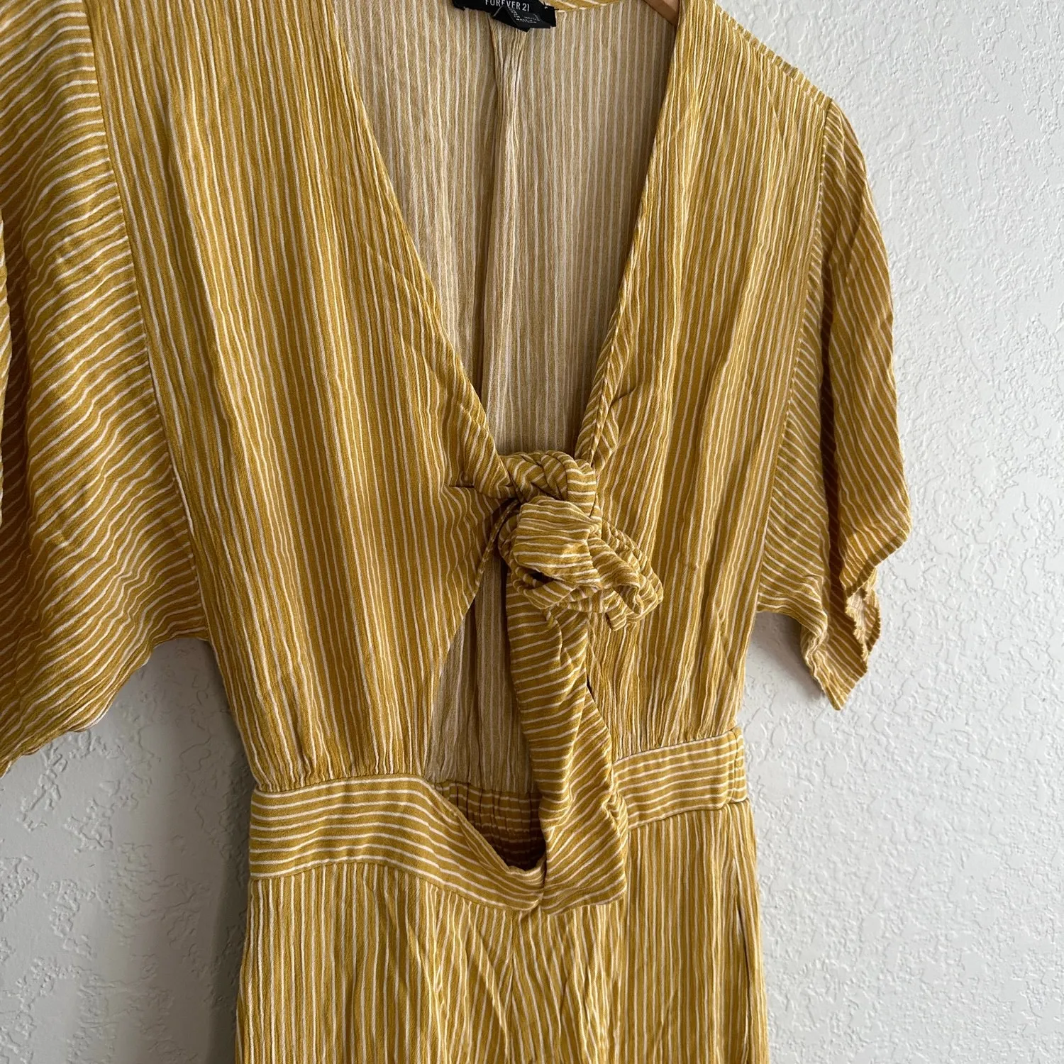 Forever 21 Wide Leg Jumpsuit Gold Stripe Open Front Tie Cottage Euro Vacation - Image 3