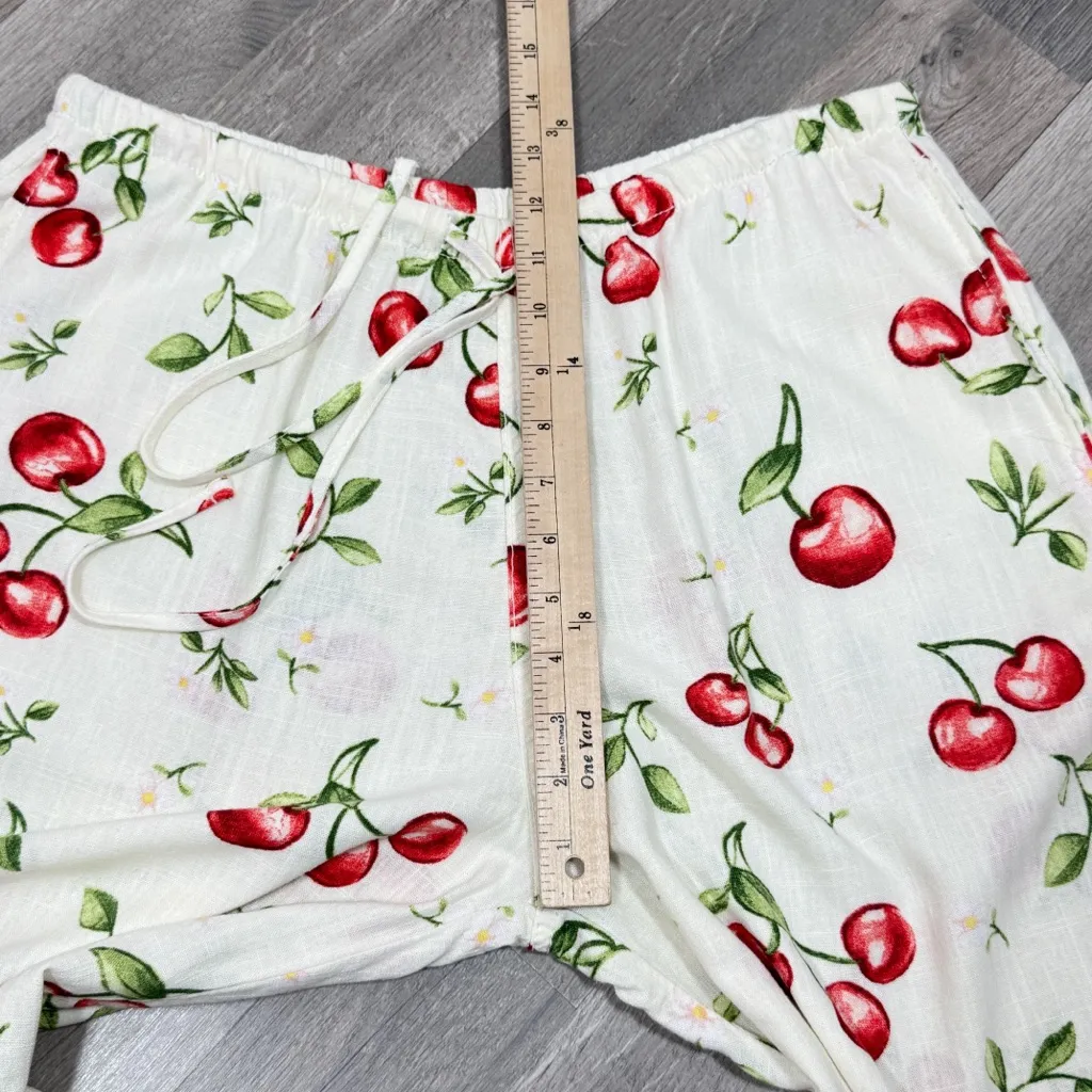 Angel Kiss Cherries Print Linen Blend Wide Leg Palazzo Pants Cream Red Large - Image 9