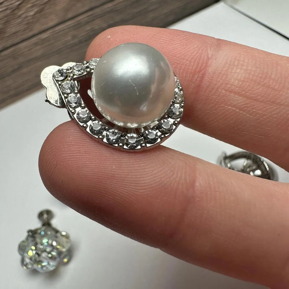 Silver Tone Rhinestone / Bead Cluster Mix Clip On Screw On Earrings Lot Of 3 - Image 8