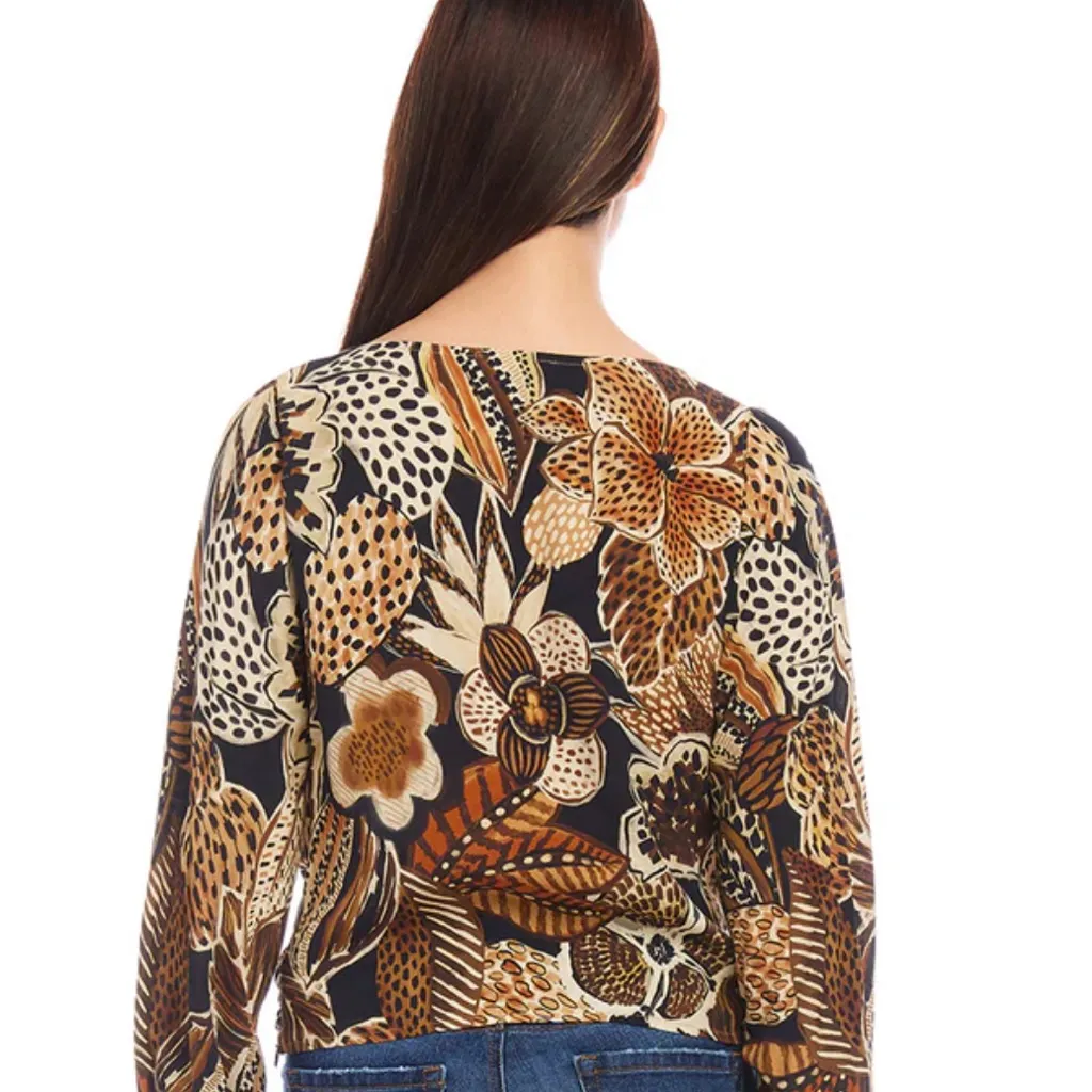 Karen Kane boat neck Brown and yellow 💯 viscose Bishop Sleeve Blouse. Size M.NWT - Image 2