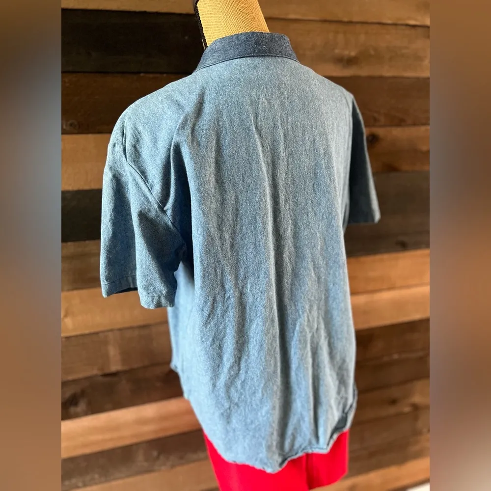 90s Vintage Teddi Blue Cotton Short Sleeves Patchwork Collared Button Up Shirt Size L - Image 10