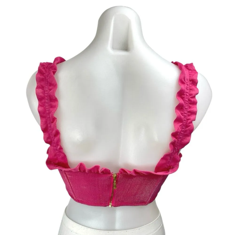 Alamour The Label Pink Velvet Velour Sleeveless Ruffle Camisole Crop Tank Top XS Red - Image 2