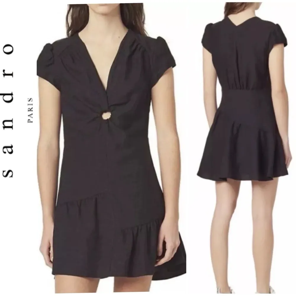 Sandro Paris Ronald CutOut Gathered Twill Linen Blend Mini Dress In Black, 38/M - Image 2