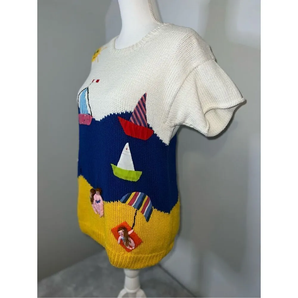 VINTAGE Crochet Short Sleeve Knit 3D Sweater Yellow - Image 3