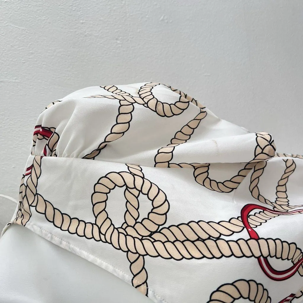 Marine Rope Print Wrap Blouse Short Puff Sleeves Coastal Beach Style Top NWOT Red Size L - Image 9