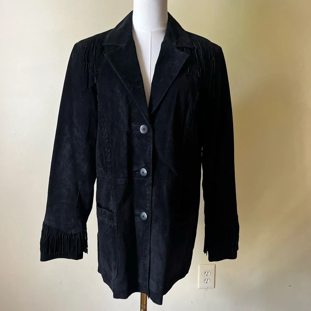 Vintage 70s Style Genuine Leather Fringe Jacket Black Suede Western Boho Large - Image 10