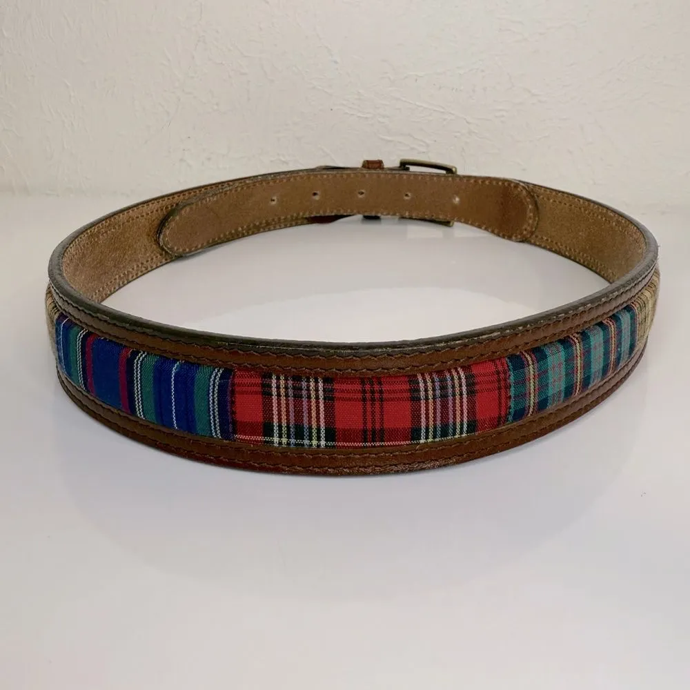 Fossil Patchwork Plaid Leather Belt Brown Brass Buckle Women’s S VGUC - Image 3