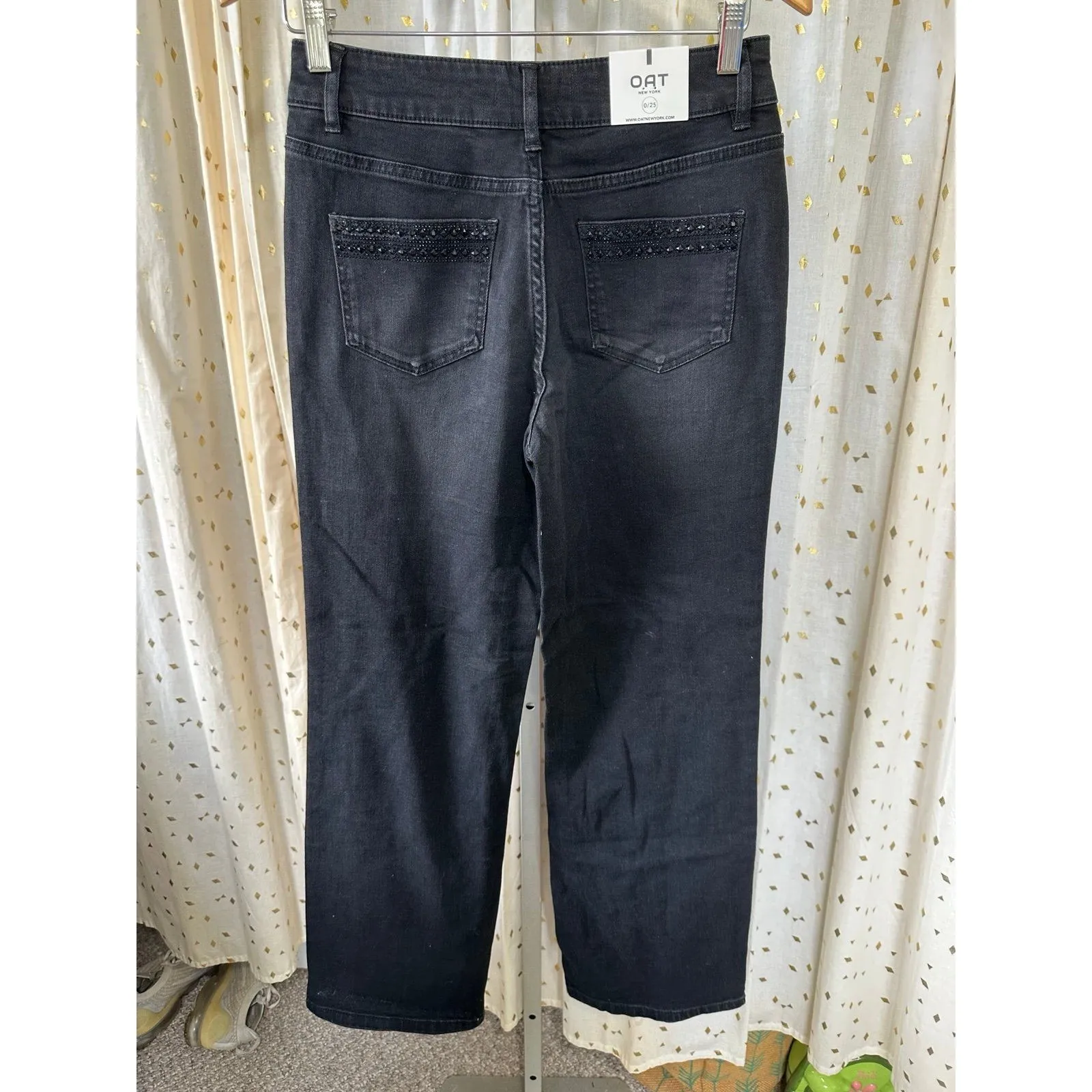 NWT OAT New York High Rise Relaxed Straight Embellished Jewels Denim Jeans 25 Black - Image 3