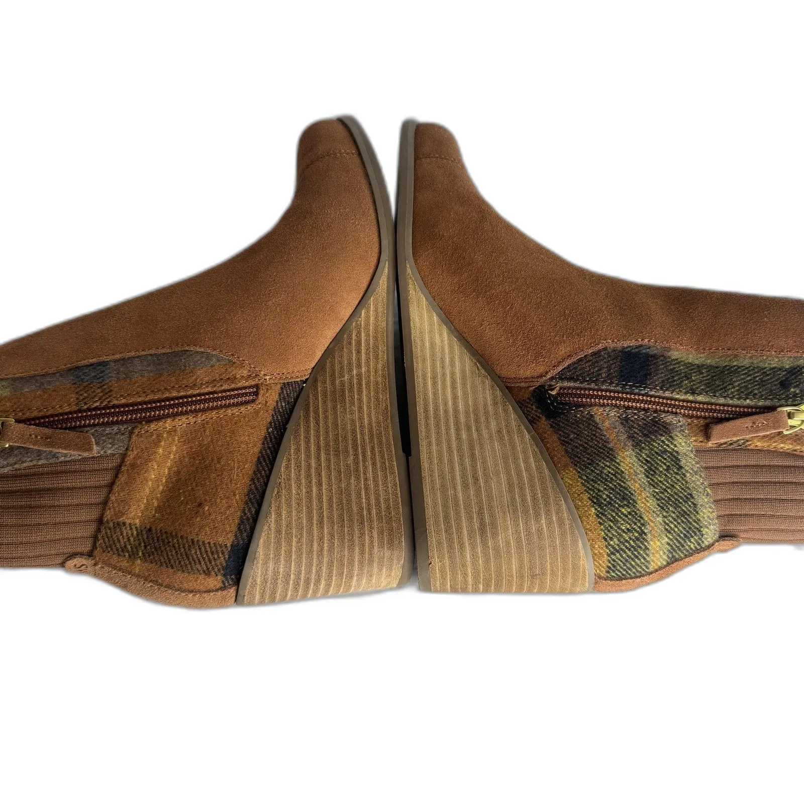 TOMS Boots Womens Size 9 Brown Suede Wedge Ankle Booties Plaid Panel Side Zip - Image 9