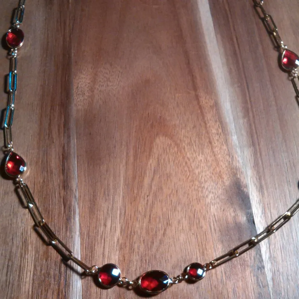 Simulated Ruby Ion Plate Yellow Gold Stainless Steel Paperclip Necklace - Image 4