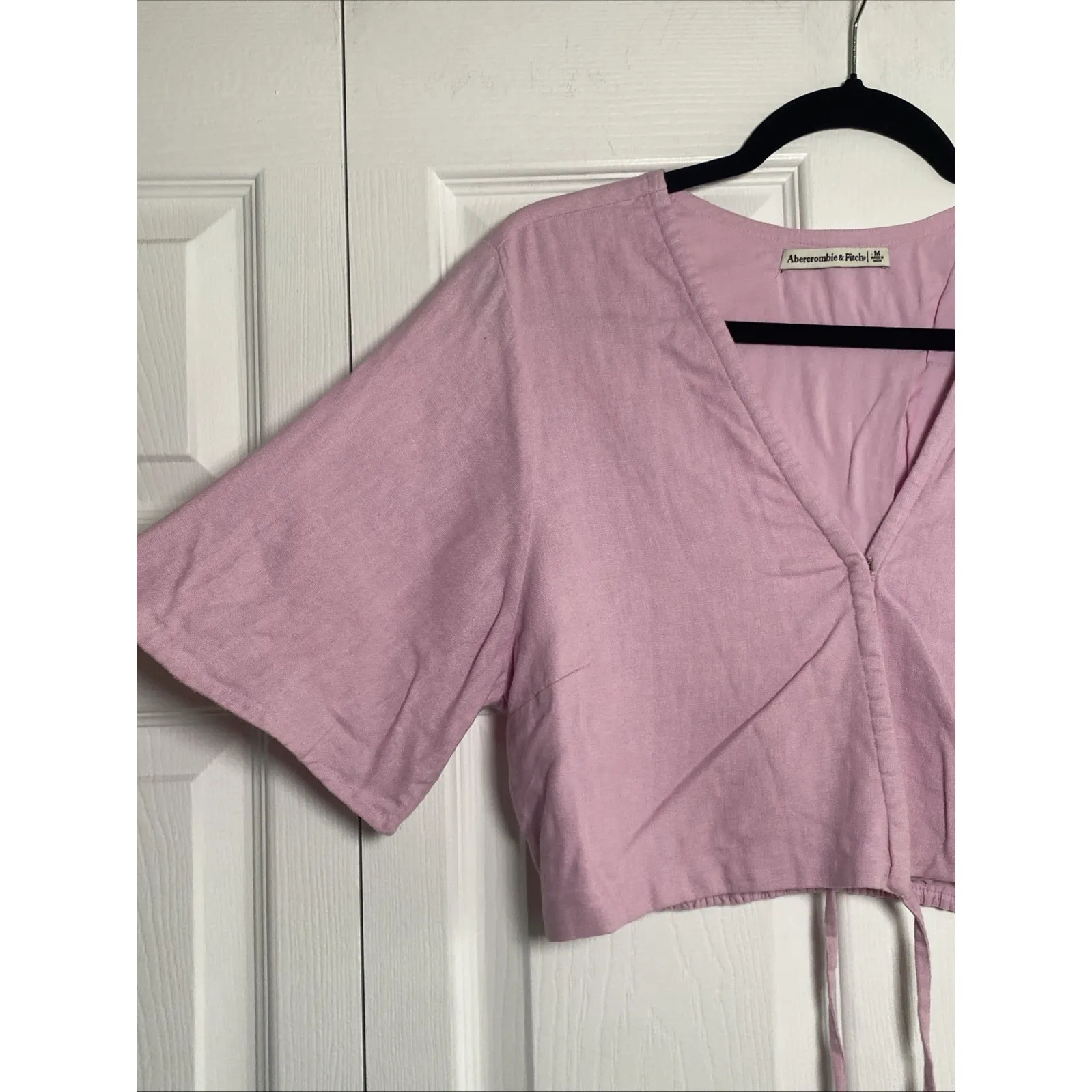 Abercrombie Fitch Womens Medium Pink Linen Blend Crop Top Tie Front - Image 3