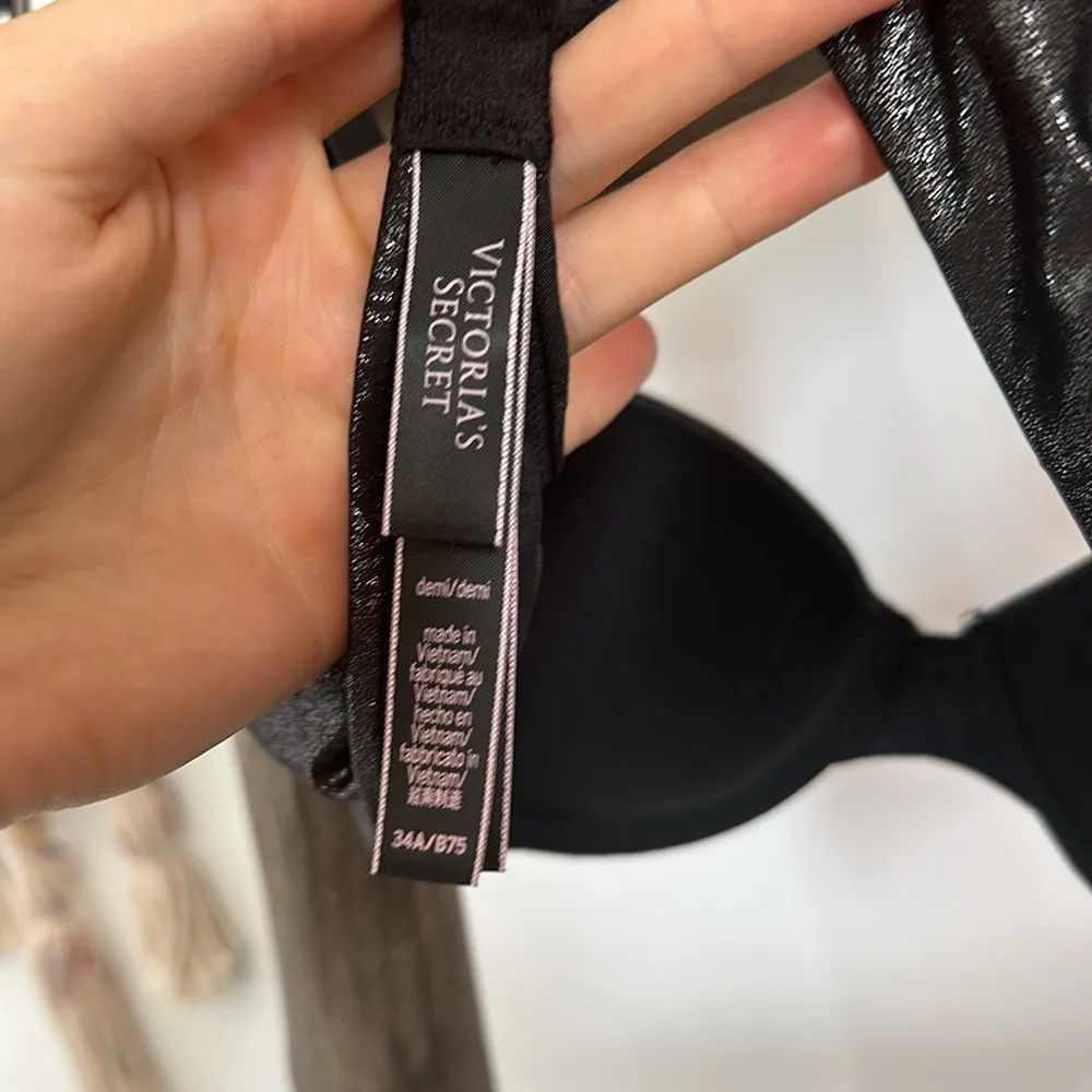 Victoria’s Secret Bra Plunge Push Up Gold Glitter Press Underwire Black Sz 34A - Image 4