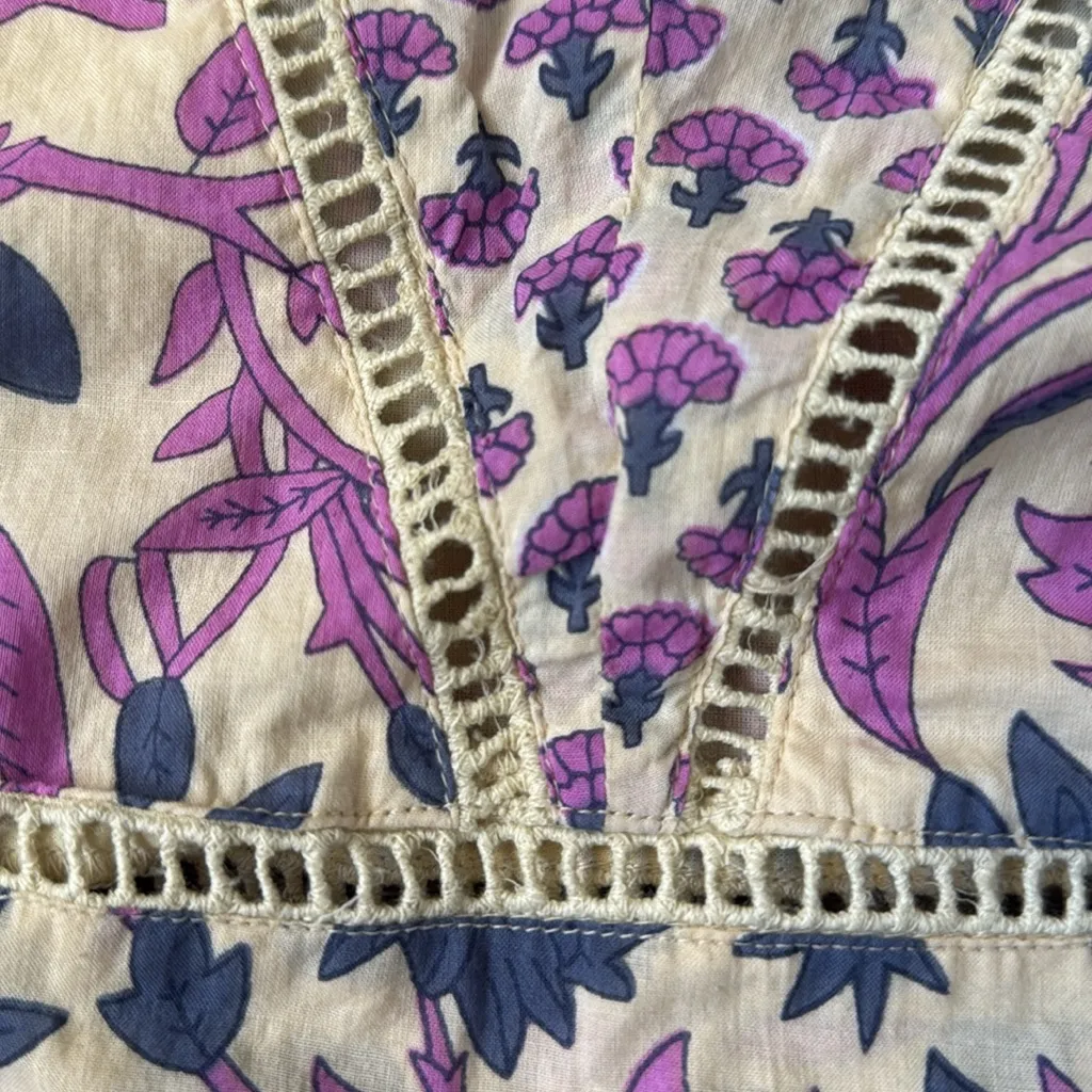 dRA Los Angeles Puff Sleeve Midi Dress With Crochet Trim In Ivory / Purple SZ S - Image 4