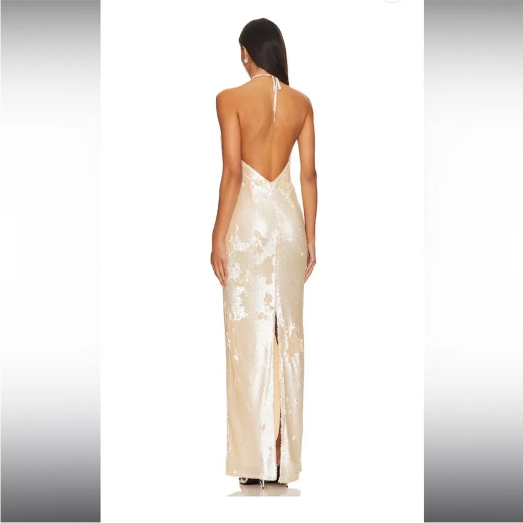 Lovers and‎ Friends Rachel Lilium Sequin Gown Size Large Beige Halter Neck - Image 2