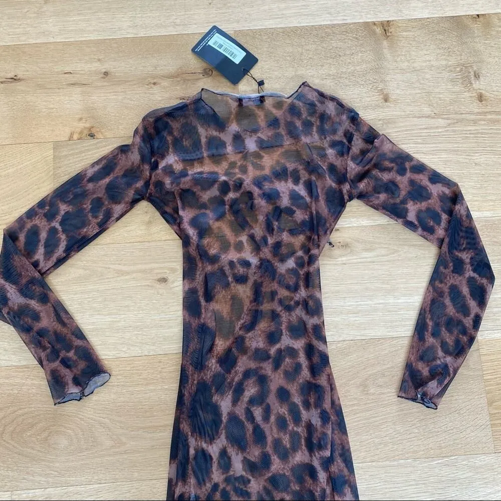 Pretty Little Thing - Leopard Mesh Tie Detail Mini Dress Cover Up in Black Brown - Image 5