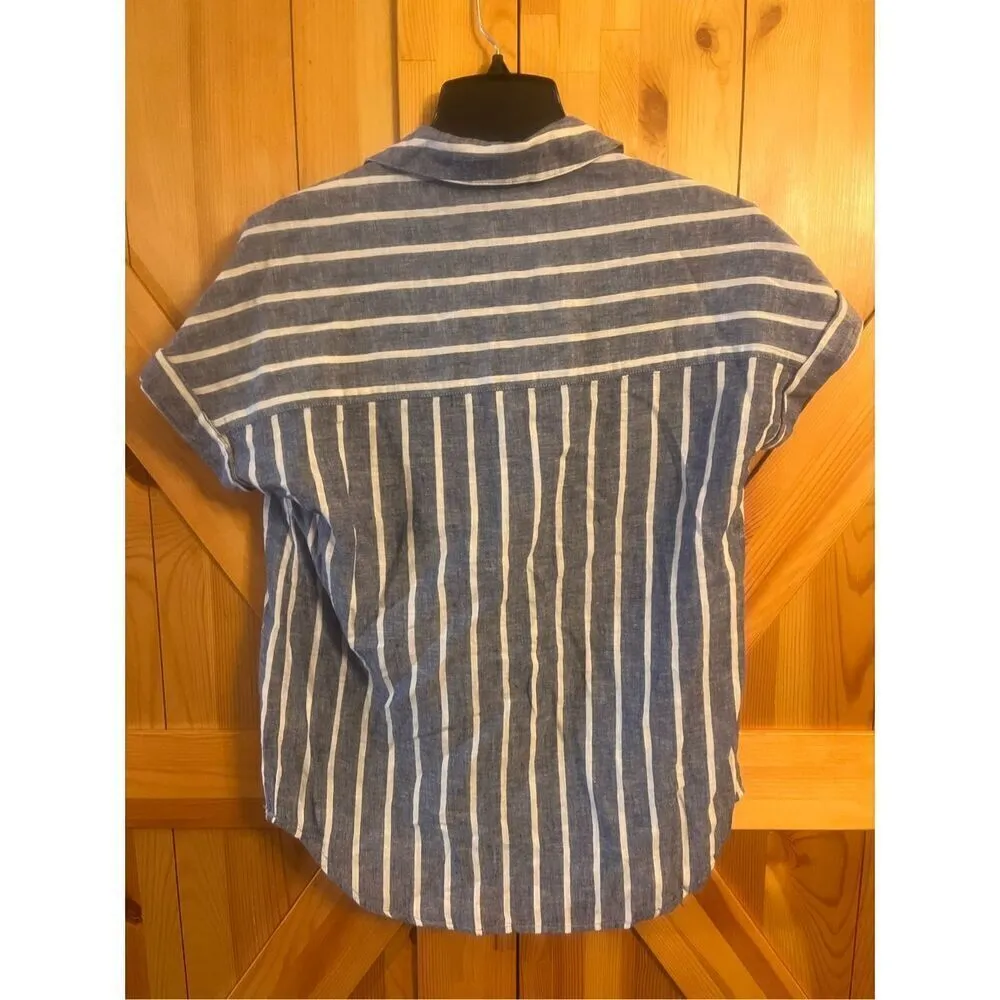 Beach Lunch Lounge Linen Blouse XS Blue White Stripe Short Sleeve Collared Nwt ( - Image 4