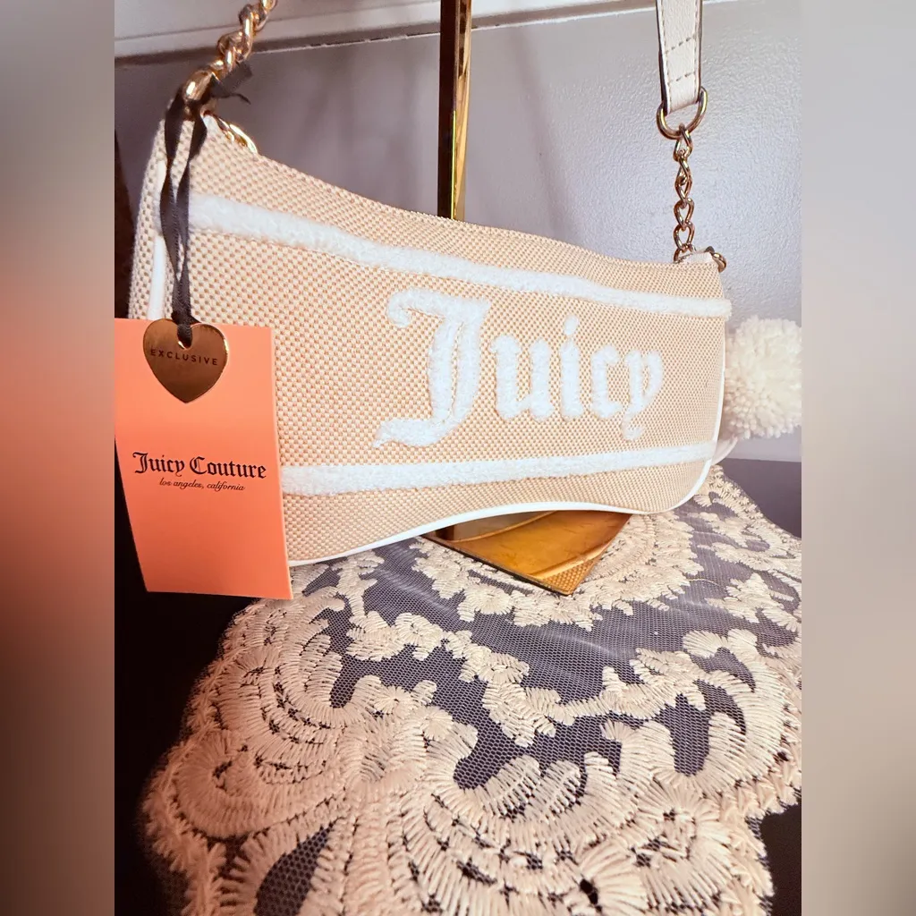 Juicy Couture Beige Chenille Logo Baguette Shoulder Bag w Coin Pouch NWT - Image 4