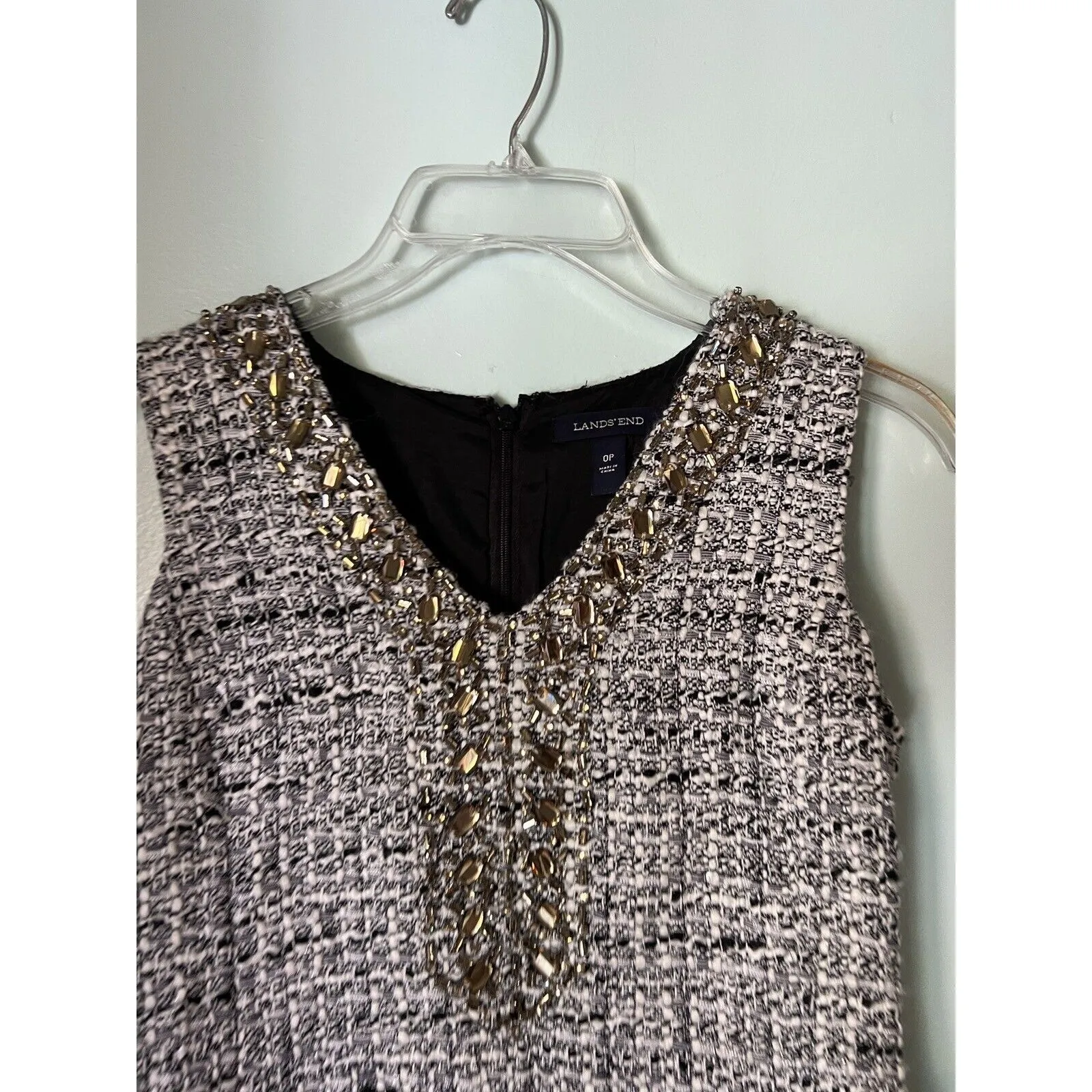 Lands End Womens‎ Size 0P White Black Tweed Crystal Beaded Neck Dress Sleeveless - Image 5