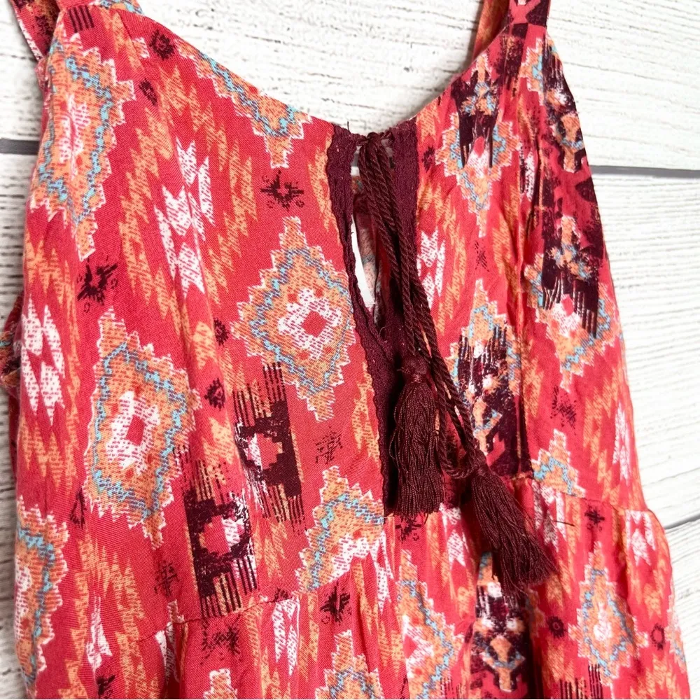 Red Boho Patterned Sleeveless Sun Dress Size Medium Casual Summer Travel - Image 4