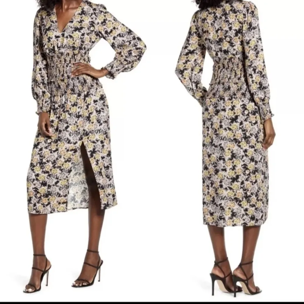 AFRM Nordstrom v neck black yellow orange floral midi hazel smocked dress - Image 3