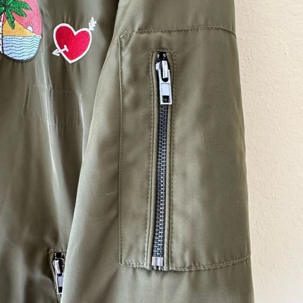 Kendall & Kylie Bomber Jacket Khaki Green Babe Patches Zip Front Women's SZ M - Image 11