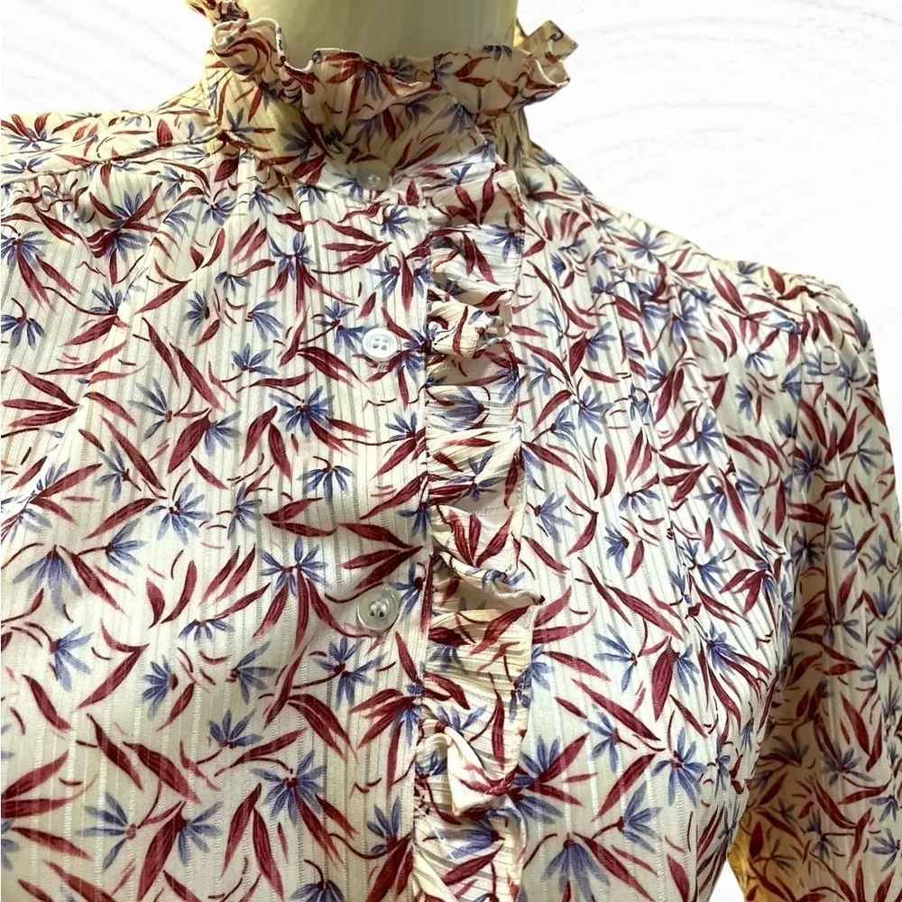 Vintage 70s Ruffle High Collar Floral Print Button Down Ivory Shirt Medium Red - Image 8