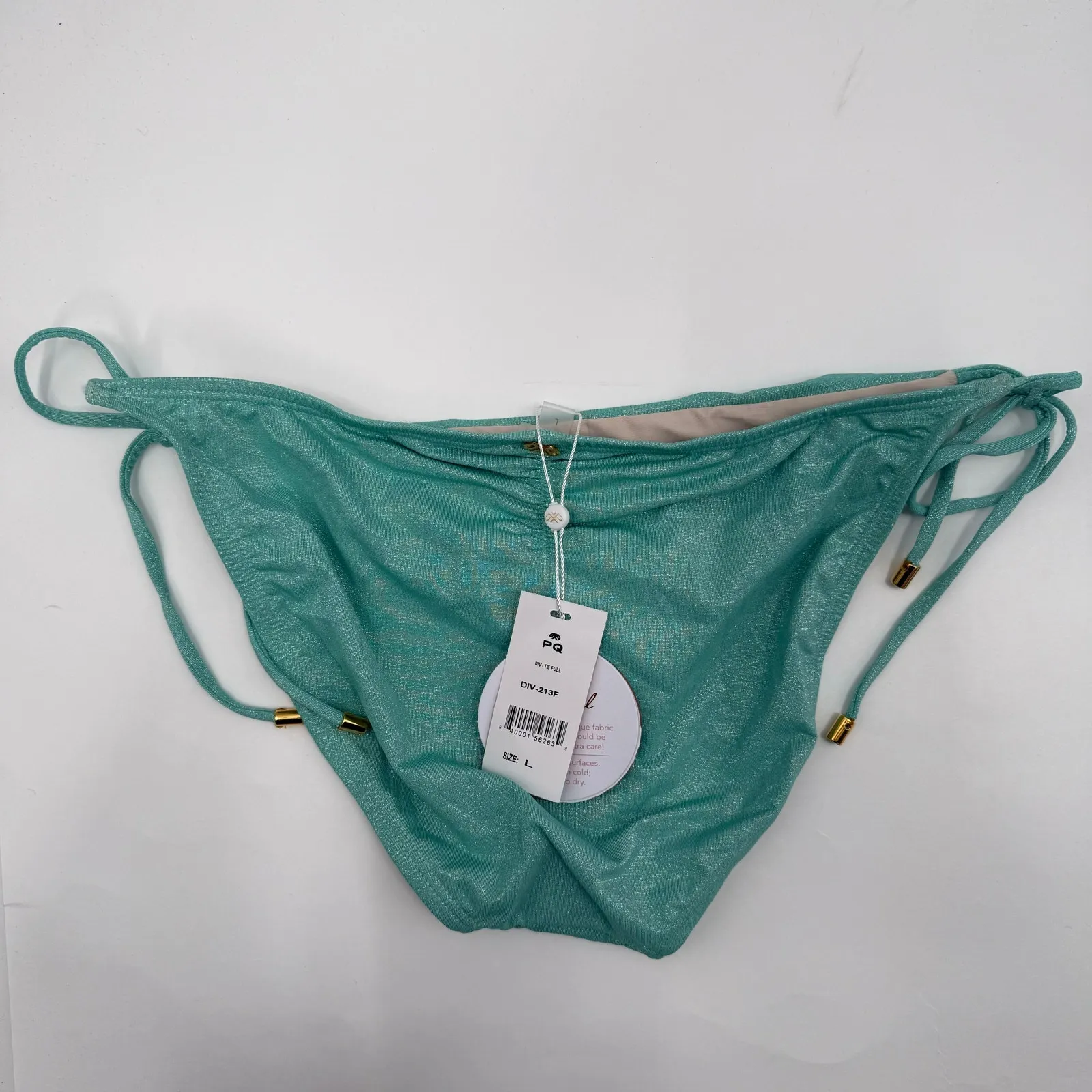 PQ SWIM PILYQ Bikini Bottoms SZ Large NWT Divine Tie Side Full Aqua Blue Shimmer - Image 4