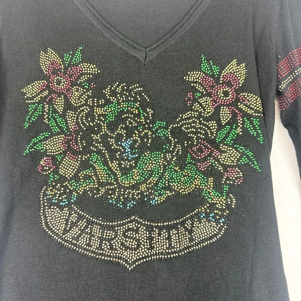 Vintage Ed Hardy Y2K Bling Rhinestone Hooded Shirt Size Small Angora Cashmere - Image 3