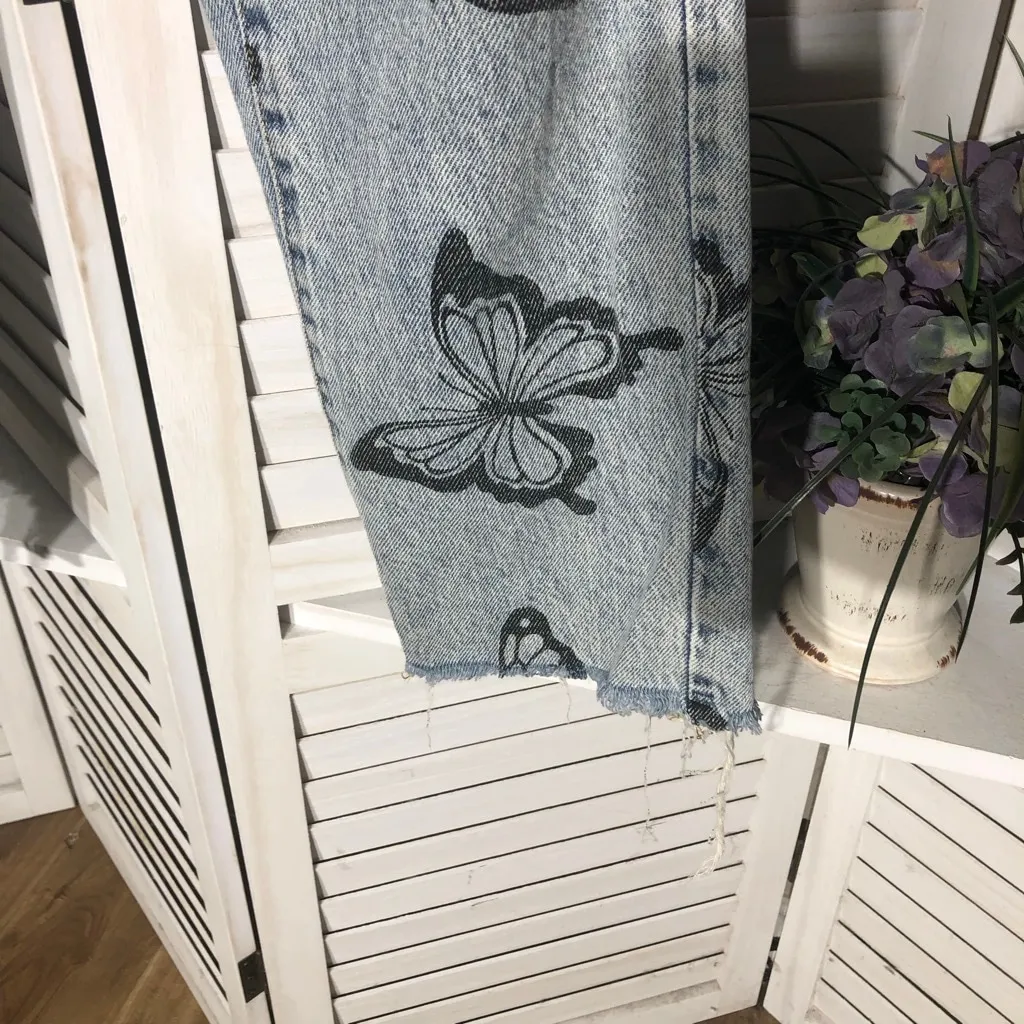 PacSun Eco Butterfly Jeans High Waisted Straight Leg Raw Hem Light Wash Blue 26 - Image 13