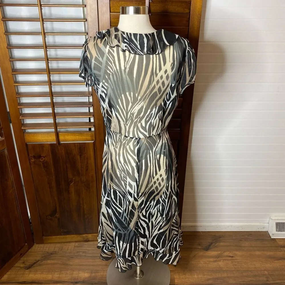 Dress Barn Zebra Animal Print Sheer Ruffle V Neck Midi Dress - Image 8