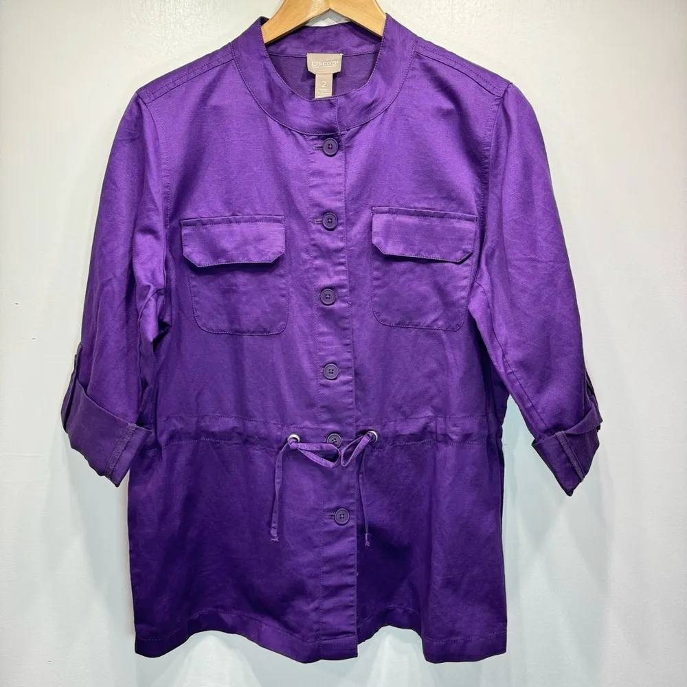 Chico’s Long Sleeve Anorak in Berry Fizz Purple Cotton Linen Blend Jacket 2/L - Image 7