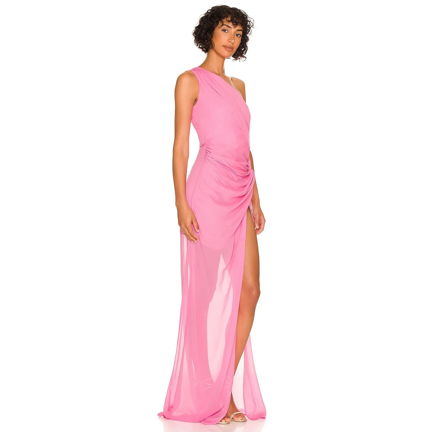 Sau Lee Helene One Shoulder Elegant Side Ruched Split Hem Pink Dress $450 size 6 - Image 11
