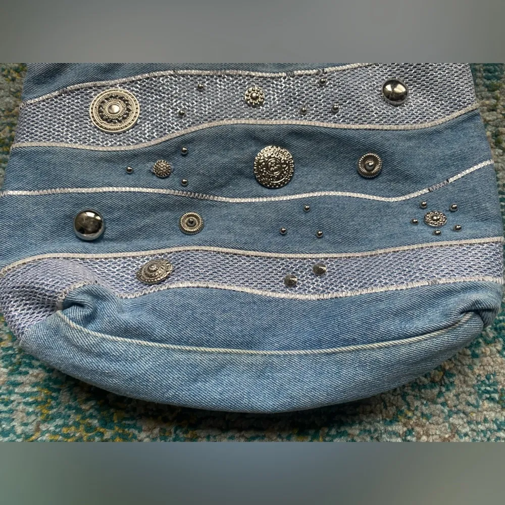 Vintage 90s denim silver button shoulder bag Blue - Image 2
