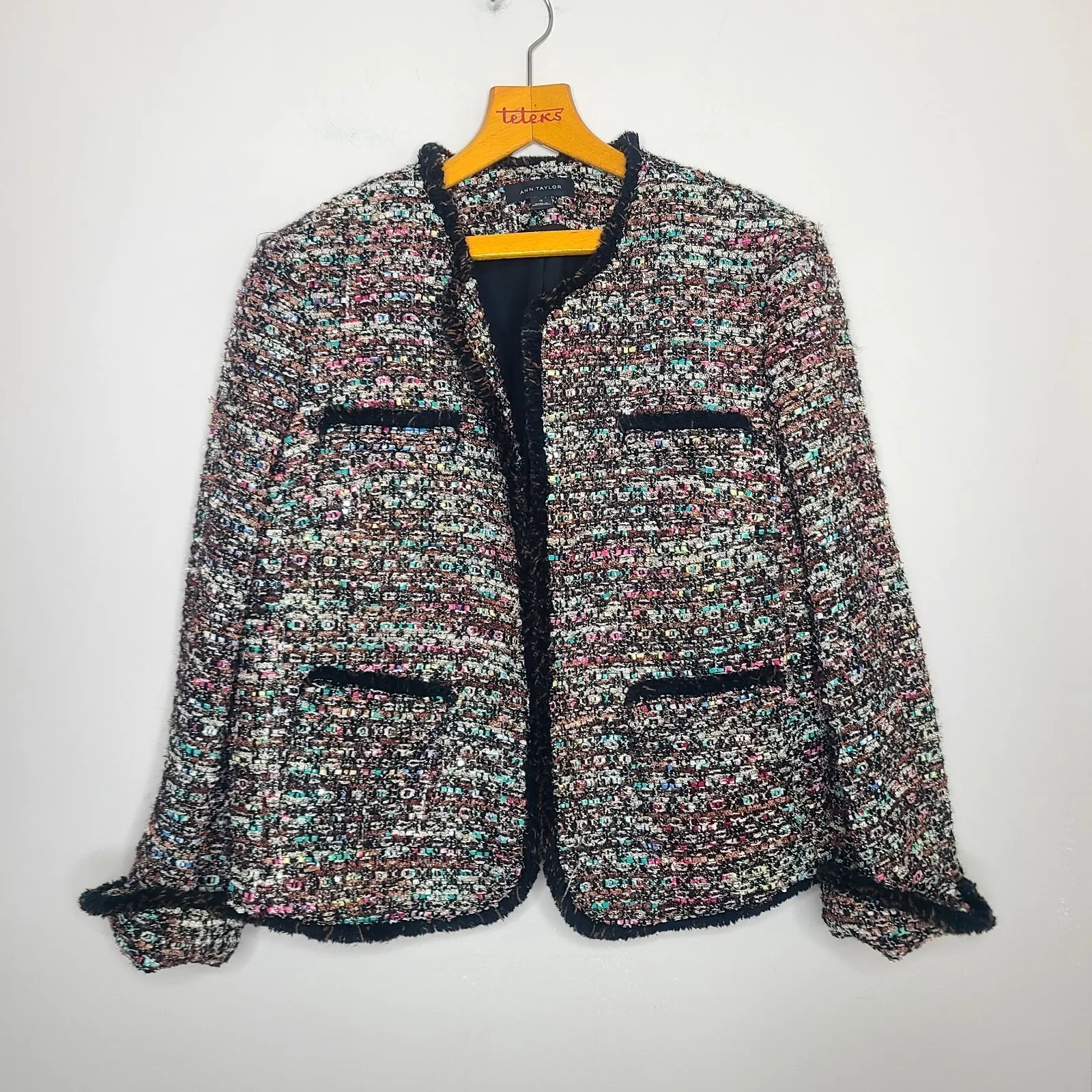 Ann Taylor Tweed‎ Multicolor Sequin Shimmer Open Front Fringe Jacket Blazer 12 - Image 3
