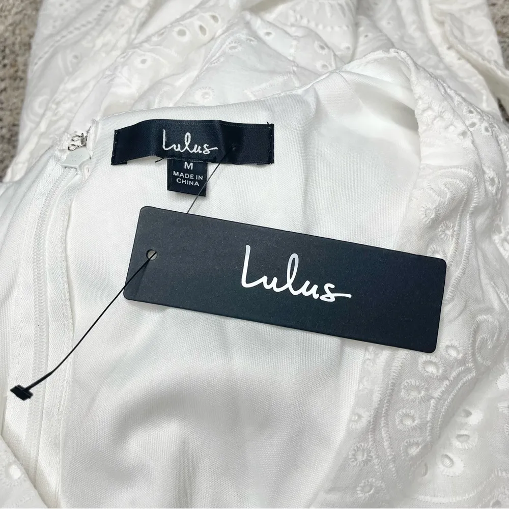 Lulus Always Ravishing White Cotton Eyelet Fringe Tulip Midi Dress Medium NWT - Image 6