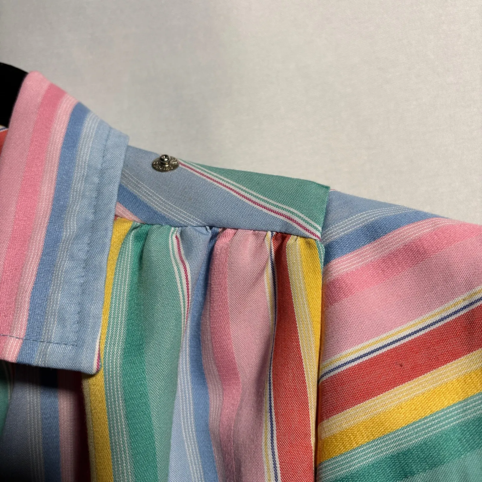 VTG Rainbow Stripe Snap Button Midi Shirt Dress Puff Sleeves Model Coat Pastel L Pink Size L - Image 4