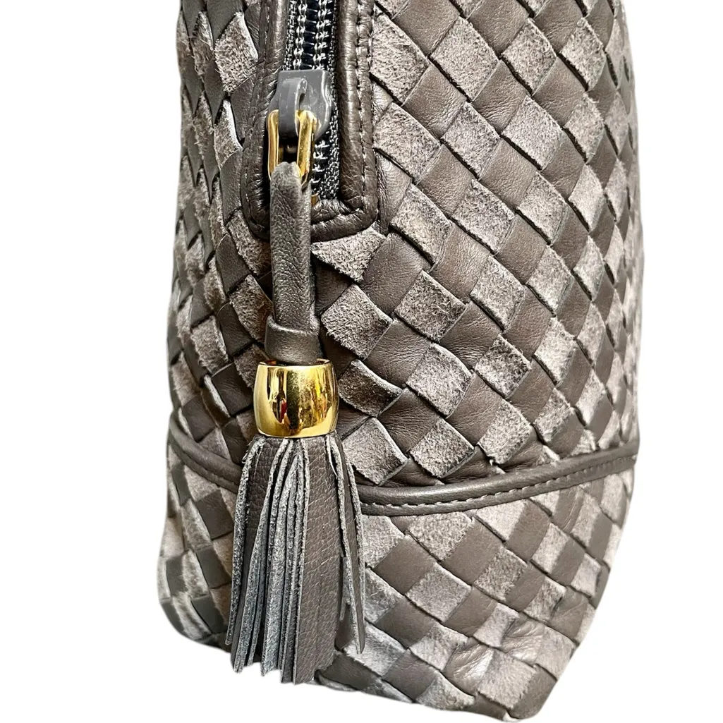 Bally Gray Woven Leather & Suede Vintage Intrecciato Double Strap Shoulder Bag - Image 5