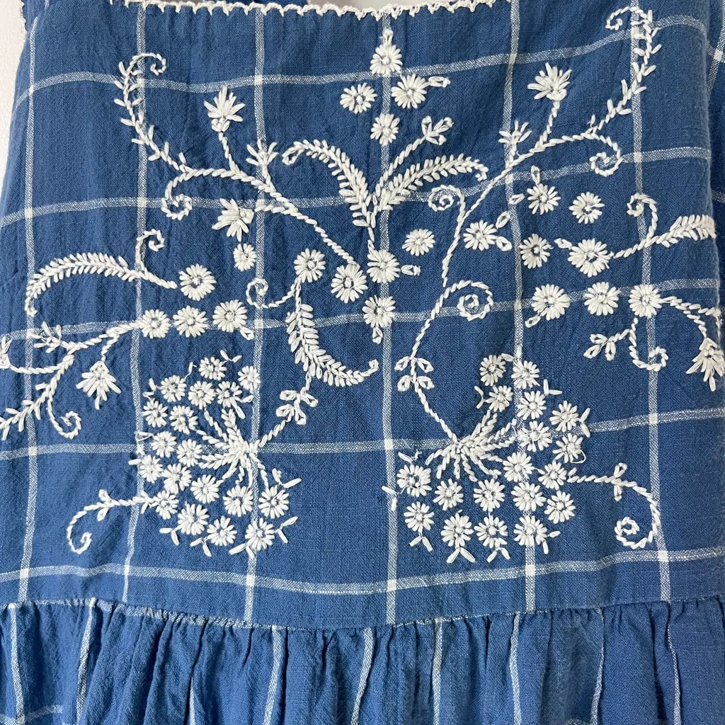 Madewell Blue Floral Embroidered Cicely Tiered Midi Dress in Plaid 100% Cotton 6 - Image 7