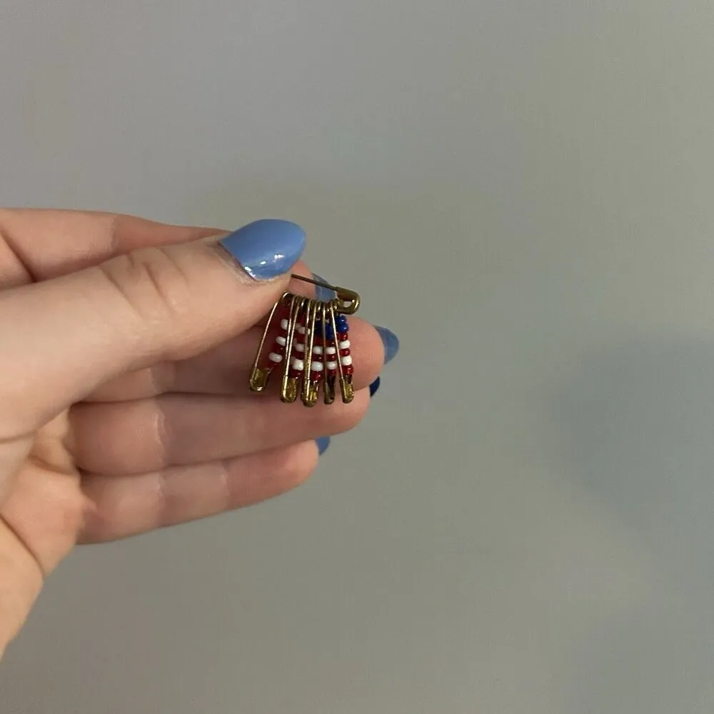 Handmade USA American Flag Beaded Safety Pin Gold Ton Patriotic Blue Red White - Image 6