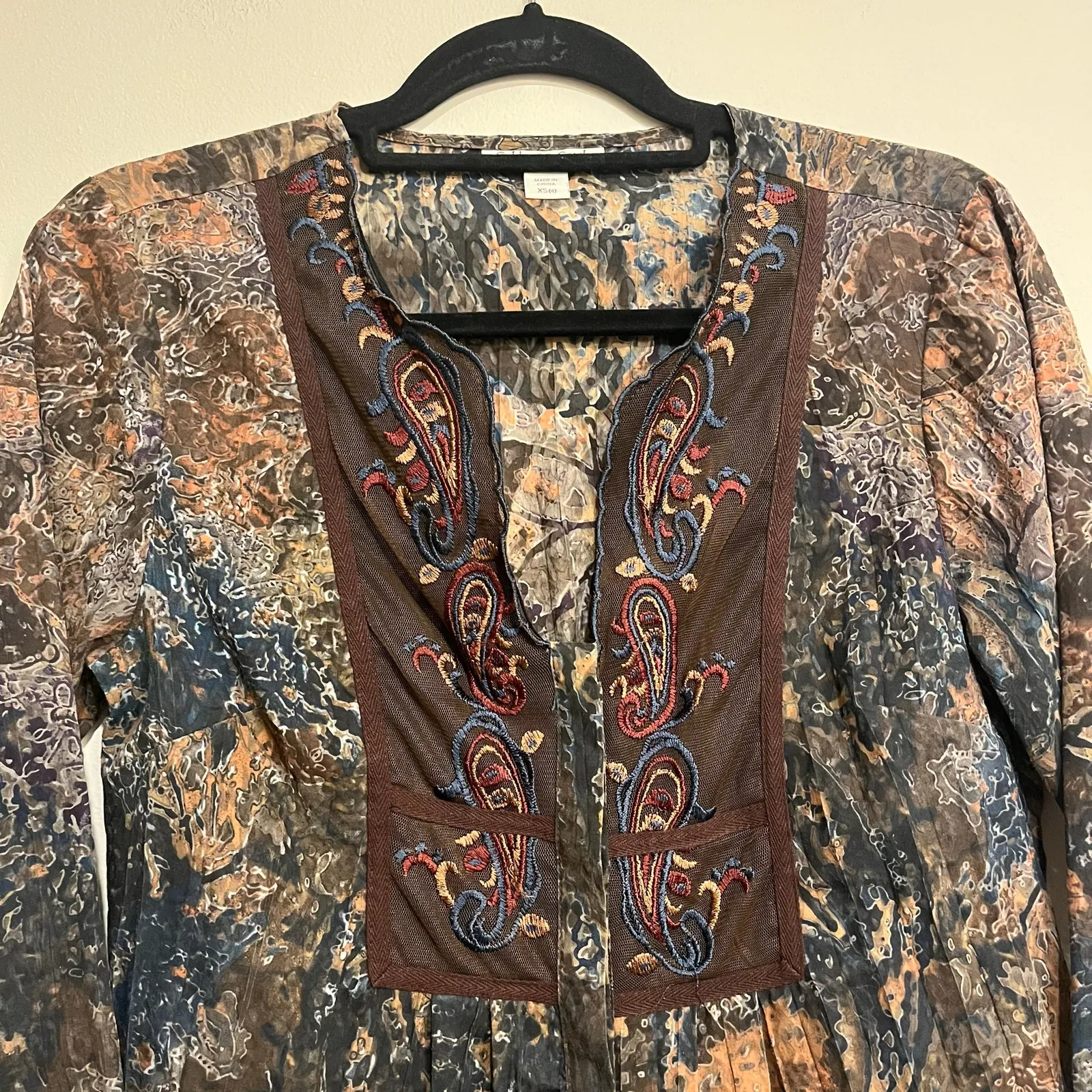 Boho Tunic Top Earth Tones Embroidered Long Sleeve Fairycore Goblincore XS - Image 2