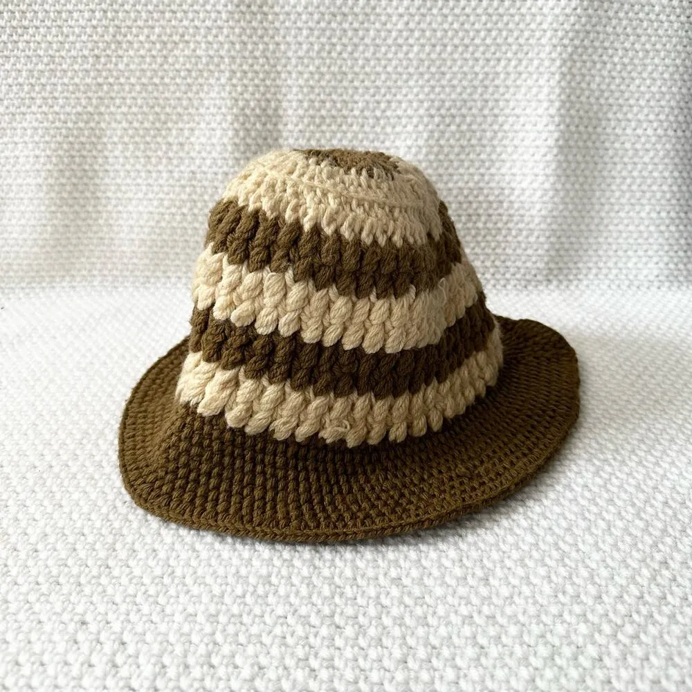 Handmade Crochet Brown Beige Tan Stripe Bucket Hat One Size Boho - Image 2