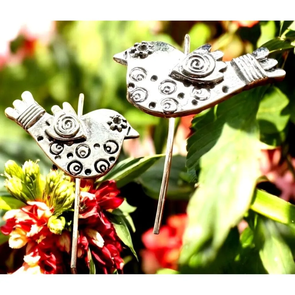 Folk Art Dove Earrings Silver Color Bird New Hammered Helping Hand Heart… - Image 5