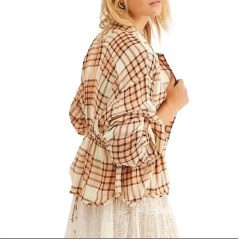 Free People We The Free Pacific Dawn Plaid Shirt Size Large Peach Tree Combo - Image 6