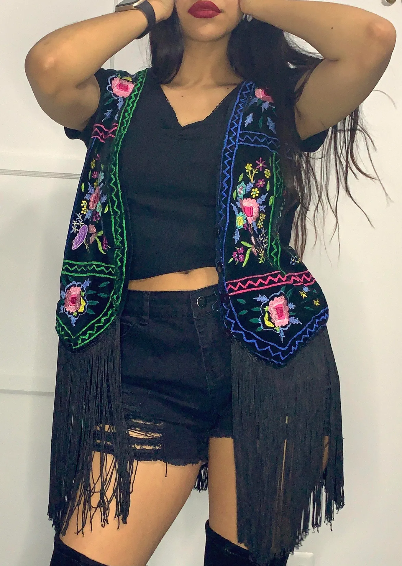 Punch vintage floral embroidered vest with fringe Multi Size M - Image 2