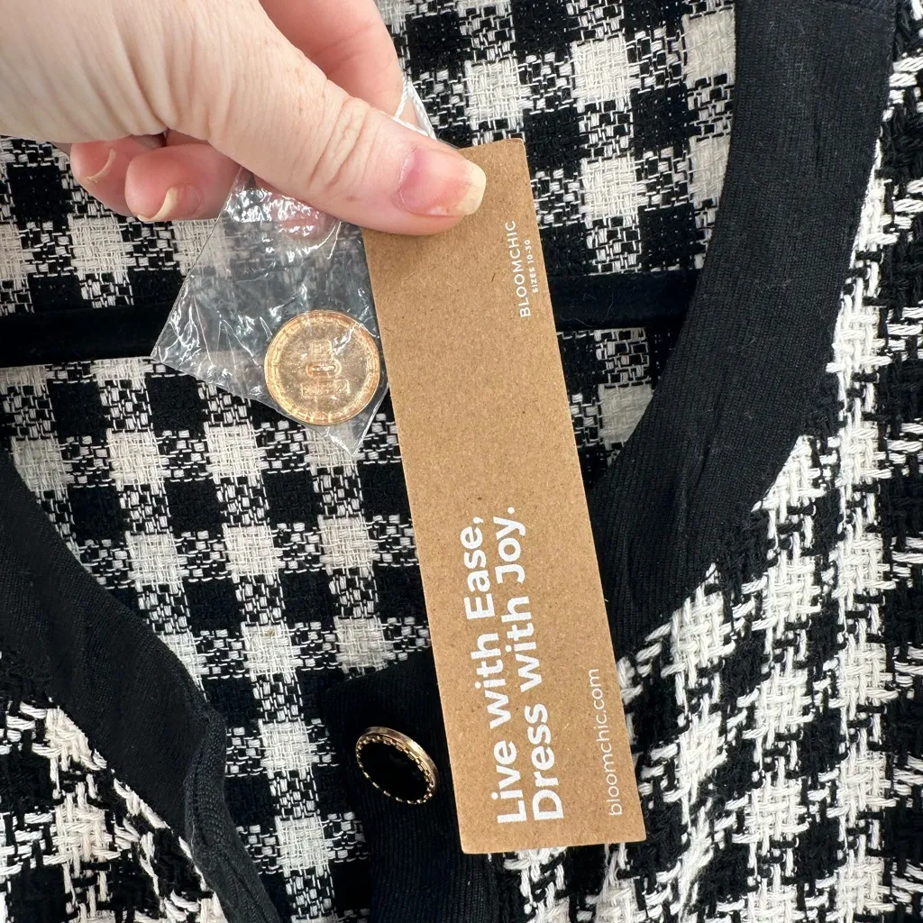 Bloomchic Black & White 90’s Houndstooth Plaid Knot Cardigan Blazer Jacket Size 26 - Image 3