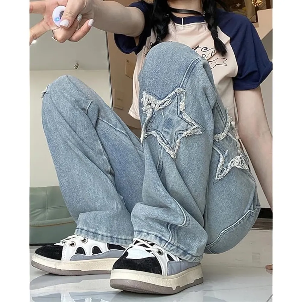 Women Loose Fit Boyfriend Jeans Baggy Y2K Straight Leg Star Patchwork Size Small - Image 3