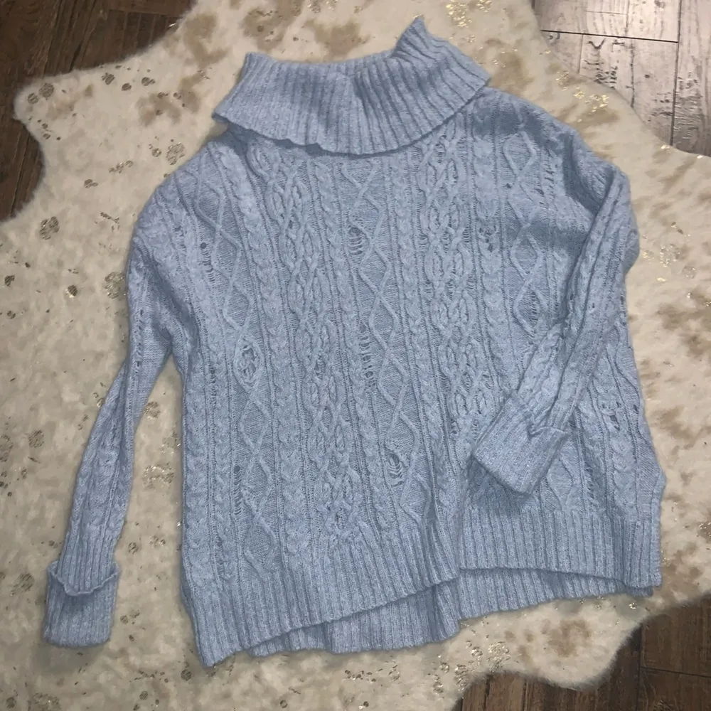 Free People Sweater Complex Cable Turtleneck blue boho $138 knit spring classic - Image 2