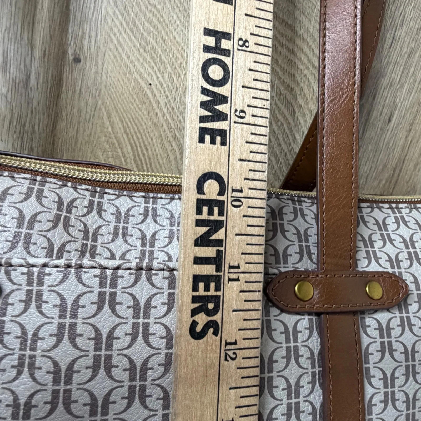 Fossil Felicity Tote Signature Bag Brown Beige Leather Trim Carryall Shopper - Image 14