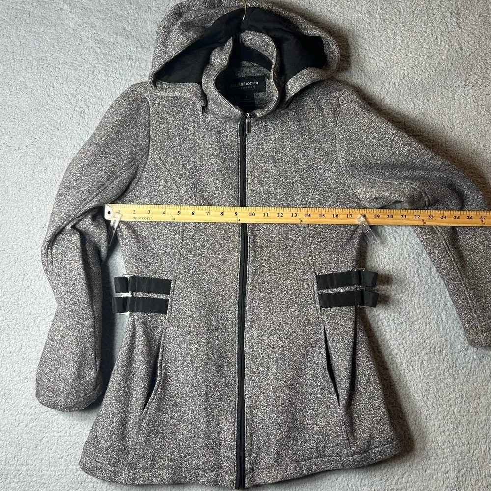 Liz Claiborne Jacket Womens Small Black White Tweed Hood Full Zip Outerwear Coat - Image 5