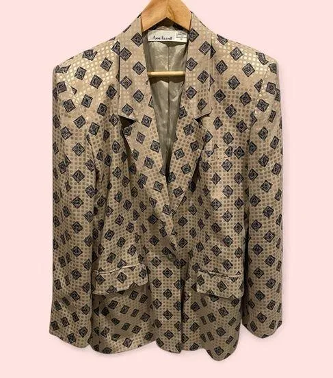 Vintage 80’s creamy tan silk geometric art deco blazer Anne Klein pockets - Image 2